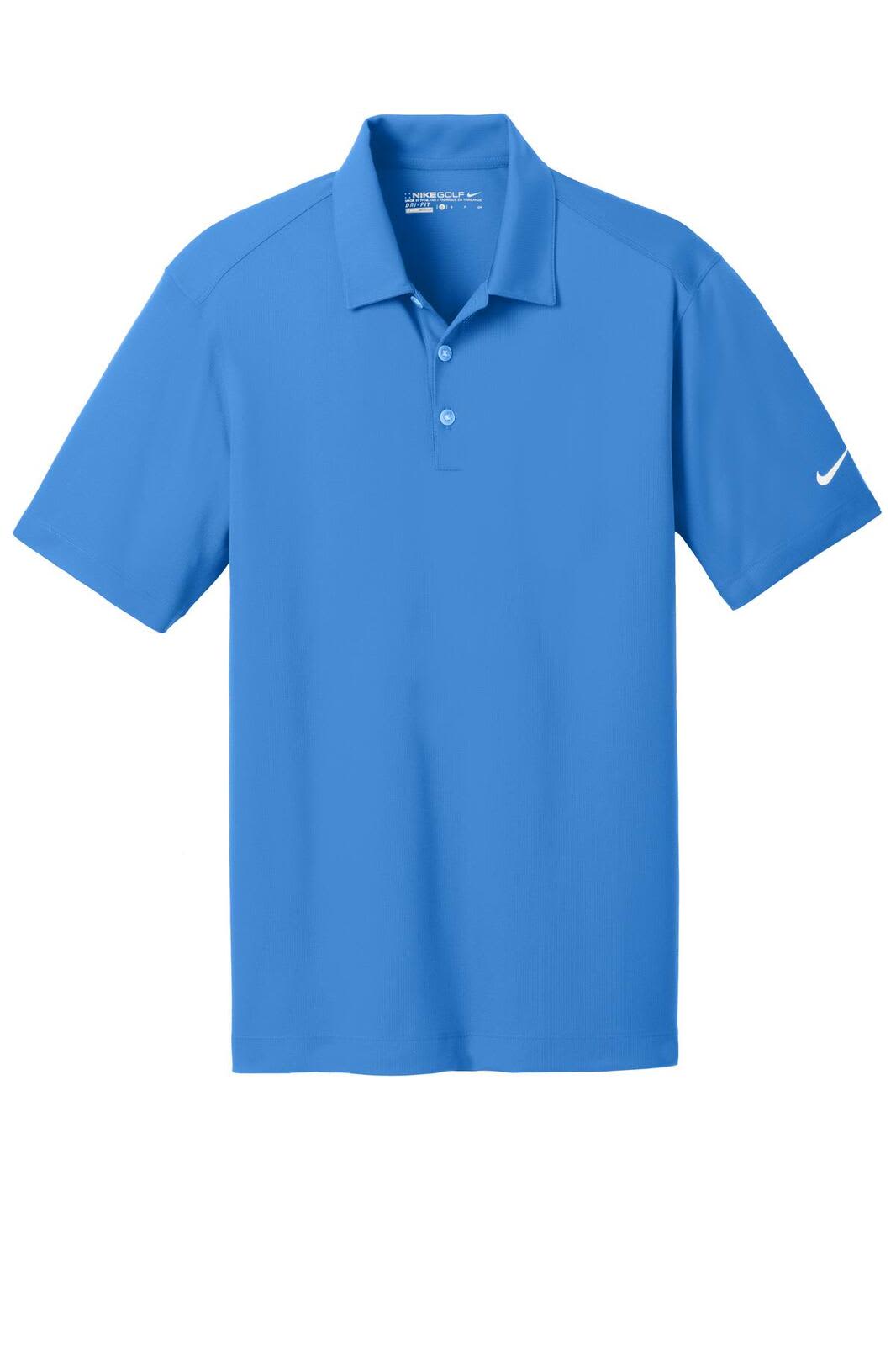 A blue Nike Dri-FIT Vertical Mesh Polo shirt featuring a collared neck and short sleeves, with a logo on one sleeve.