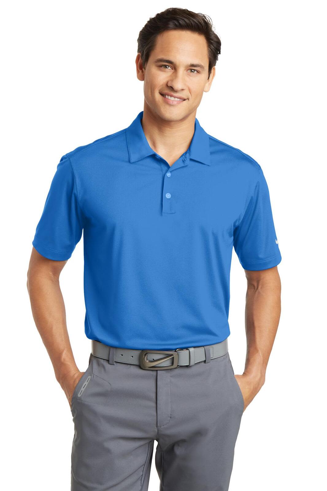 A blue Nike Dri-FIT Vertical Mesh Polo shirt with a collar and a logo. Suitable for casual and sporty wear.