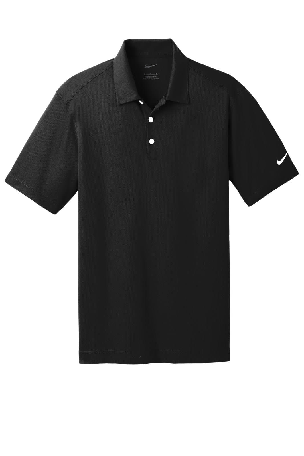 A black Nike Dri-FIT Vertical Mesh Polo with a collar and three buttons, featuring a logo on the sleeve.