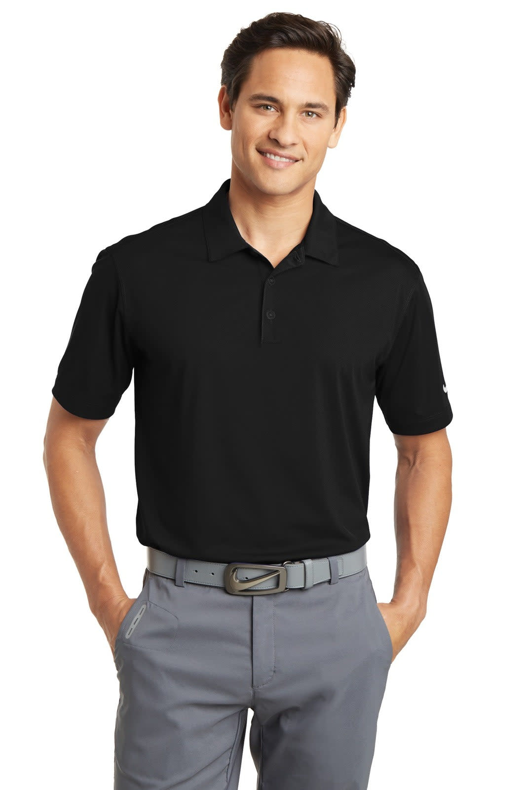 A black Nike Dri-FIT Vertical Mesh Polo shirt with a collar and short sleeves, paired with grey trousers.