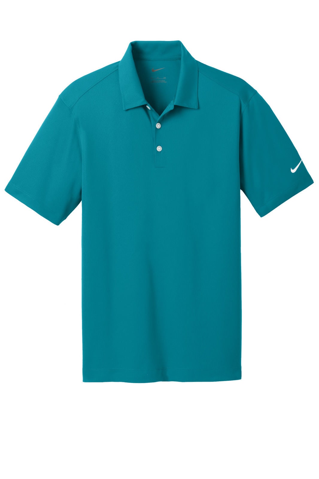 A teal Nike Dri-FIT Vertical Mesh Polo shirt featuring a collar and a logo on one sleeve.