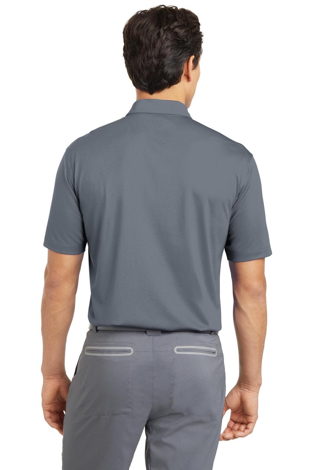 A grey Nike Dri-FIT Vertical Mesh Polo shirt, featuring a branded logo, viewed from the back.