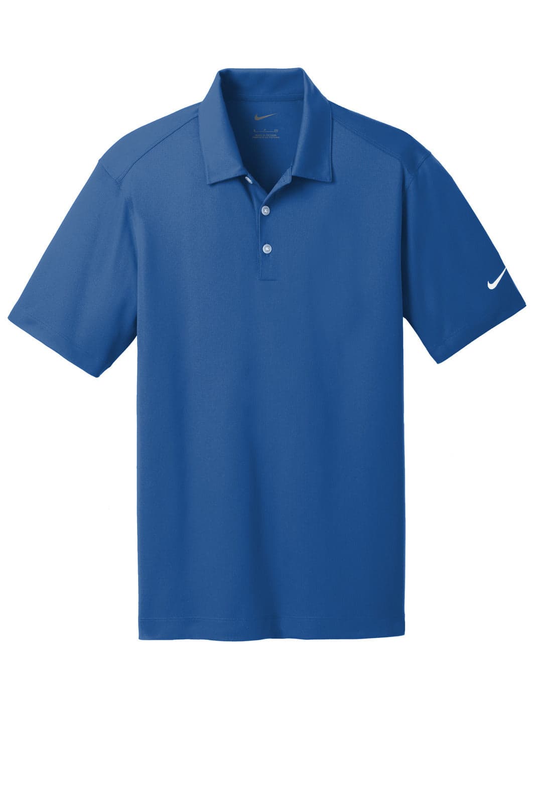 A blue Nike Dri-FIT Vertical Mesh Polo shirt with a logo on the sleeve and a classic collar design.