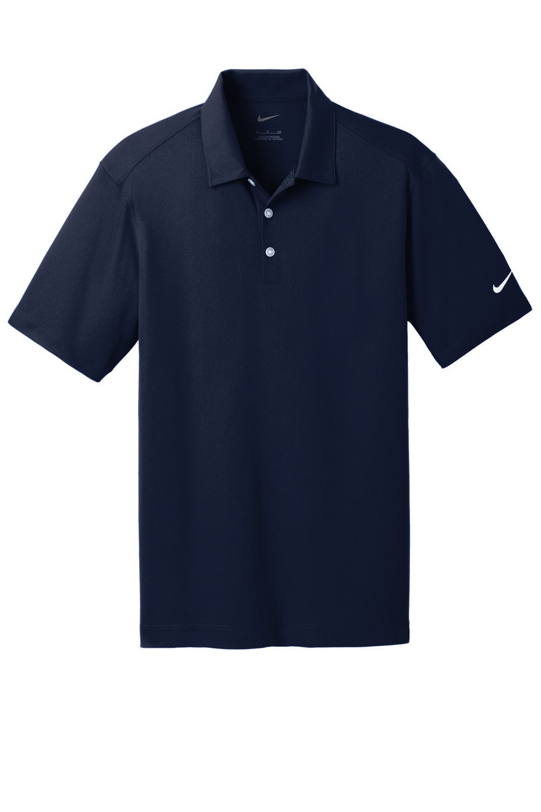 A navy blue Nike Dri-FIT Vertical Mesh Polo shirt with a logo on the sleeve and a three-button placket.