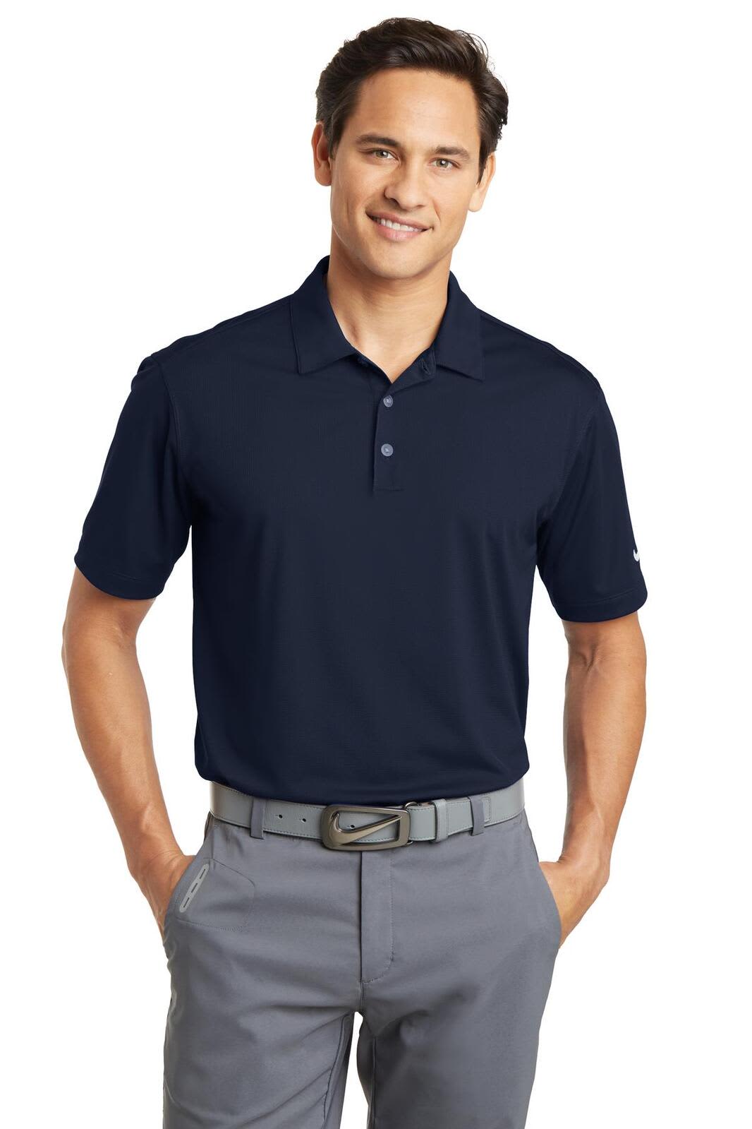 A navy blue Nike Dri-FIT Vertical Mesh Polo shirt for men, featuring a collared design and a logo.