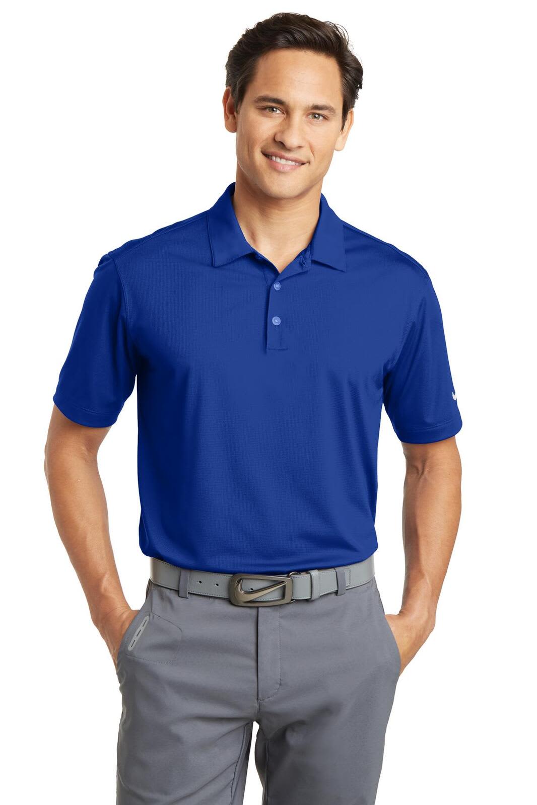A blue Nike Dri-FIT vertical mesh polo shirt with a collar, short sleeves, and a branding logo.