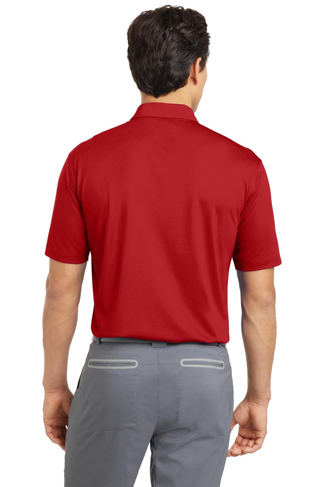 A red Nike Dri-FIT Vertical Mesh Polo shirt, featuring a collar and short sleeves, viewed from the back.