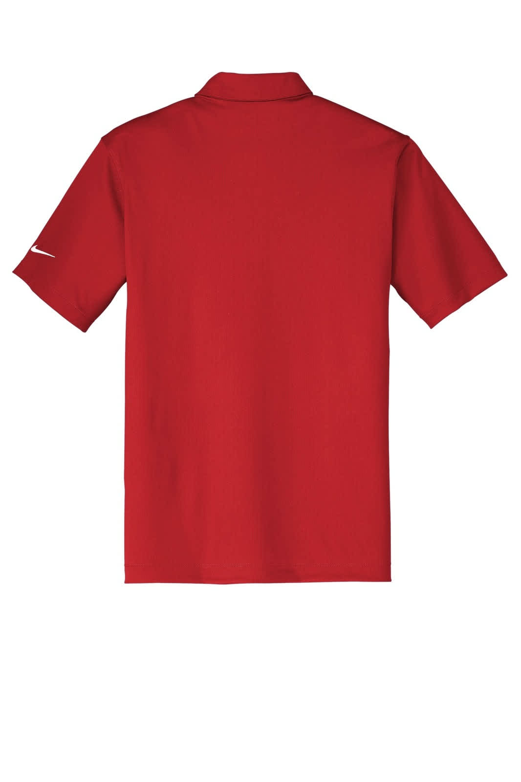 A red Nike Dri-FIT Vertical Mesh Polo shirt with a short collar and short sleeves, featuring a logo on one sleeve.