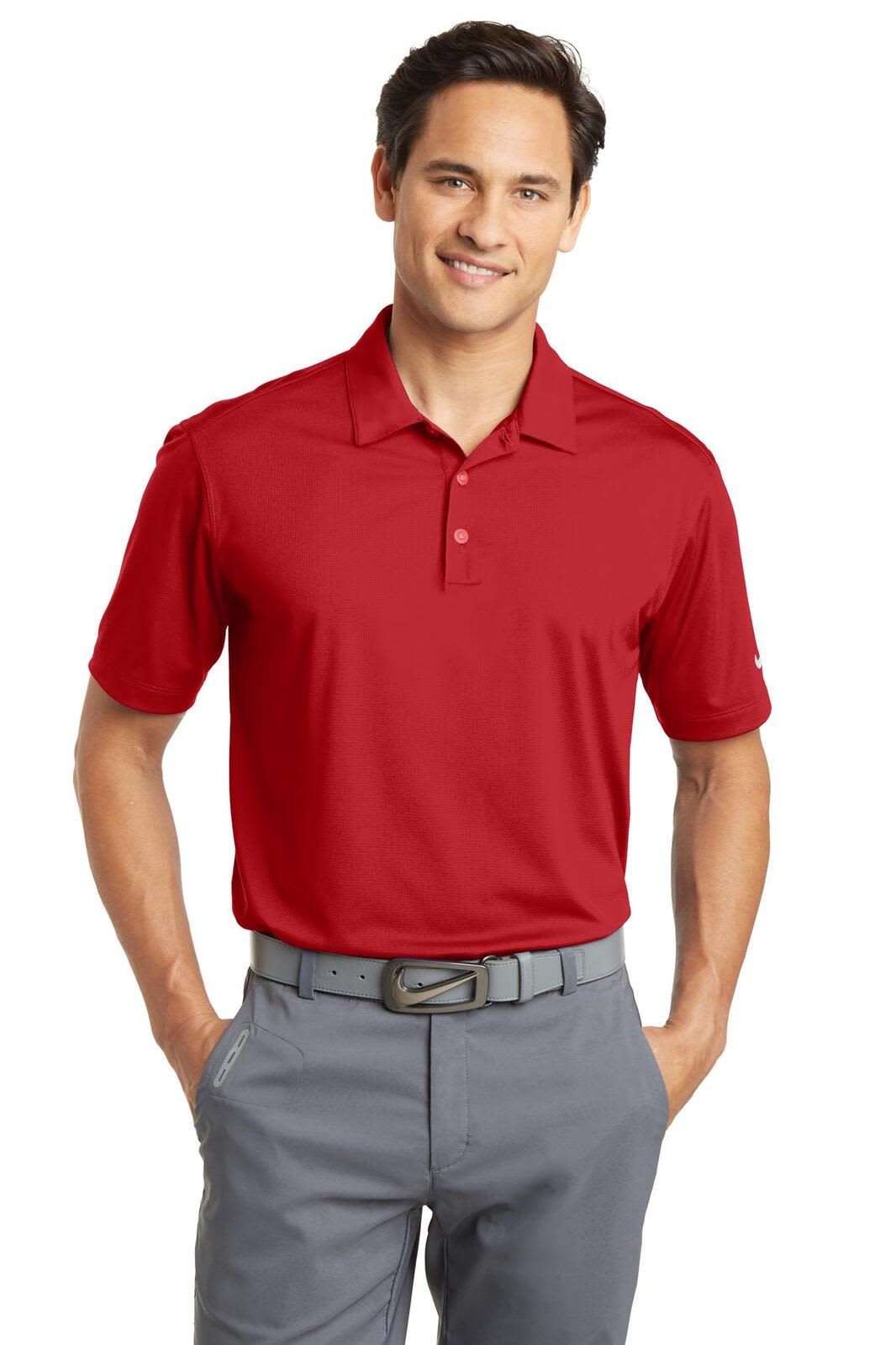 A red Nike Dri-FIT Vertical Mesh Polo shirt with a collar and short sleeves, featuring a logo.