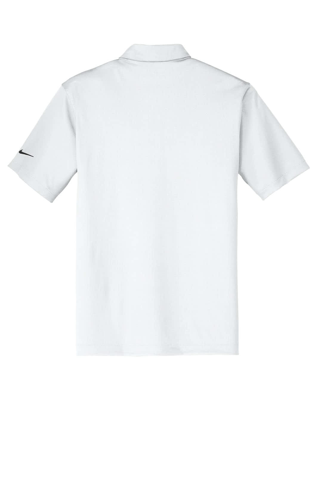 A white Nike Dri-FIT vertical mesh polo shirt featuring a logo on the sleeve.