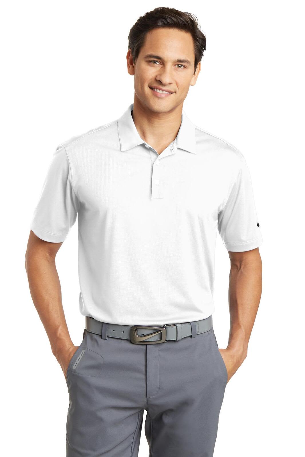 A white Nike Dri-FIT Vertical Mesh Polo shirt, featuring a collar and short sleeves, displayed on a male model.