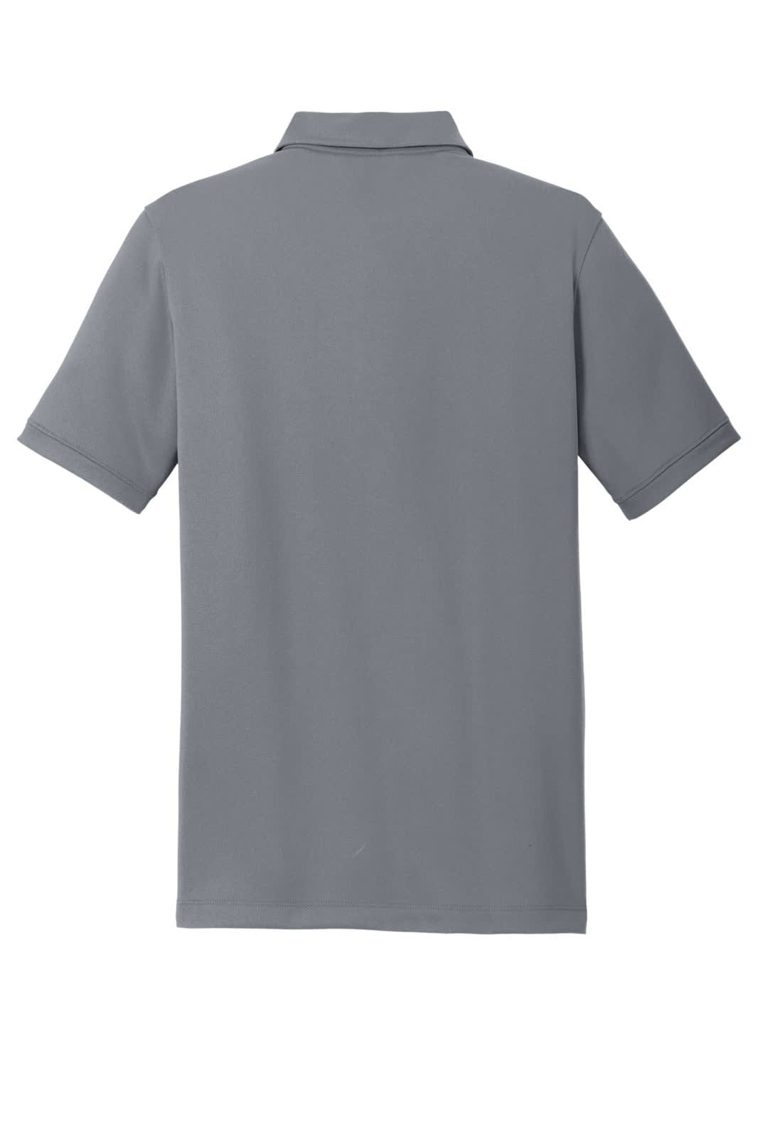 A grey polo shirt with a modern fit and short sleeves, featuring a subtle brand logo.