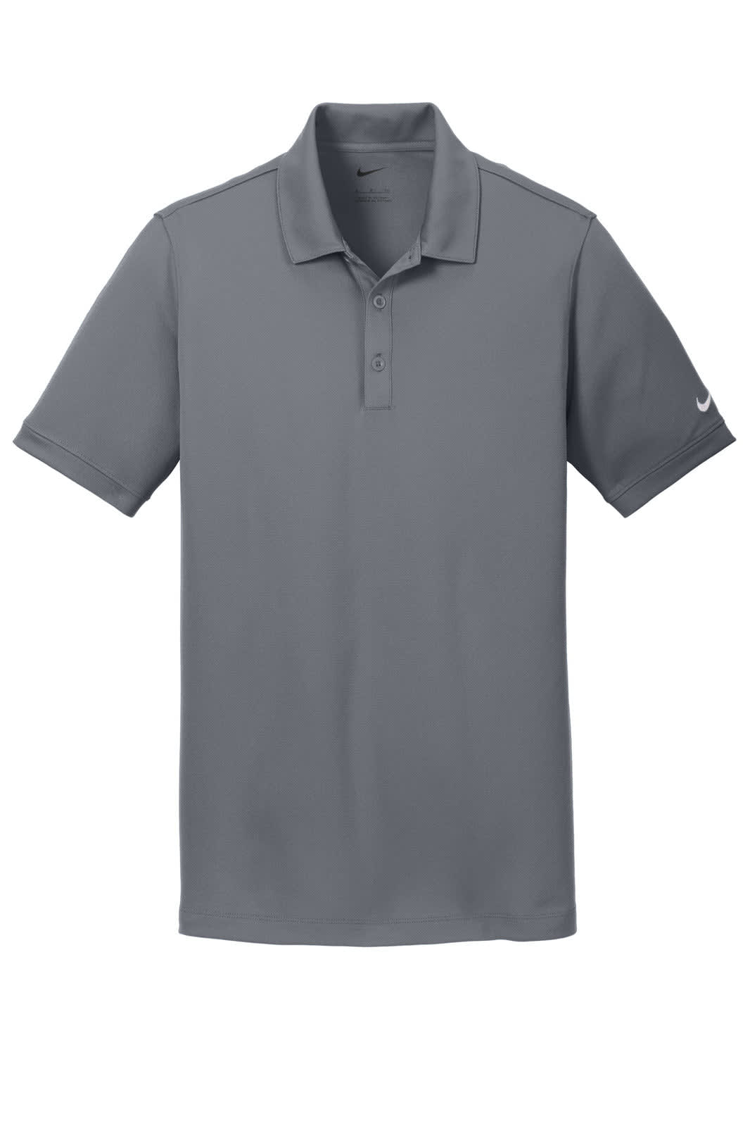 A grey Nike Dri-FIT Solid Icon Pique Modern Fit Polo shirt featuring a logo on the sleeve.