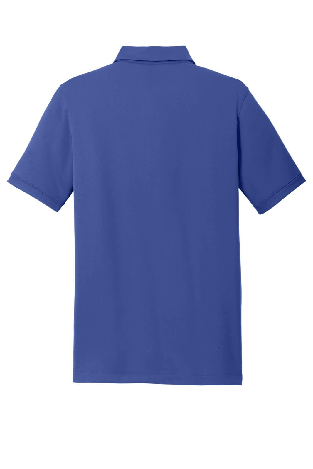A back view of a solid blue polo shirt featuring a collar and short sleeves. It has a branding logo.