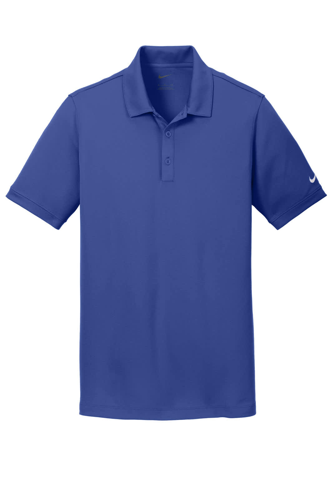 A blue Nike Dri-FIT solid icon pique modern fit polo shirt featuring a logo on the sleeve.