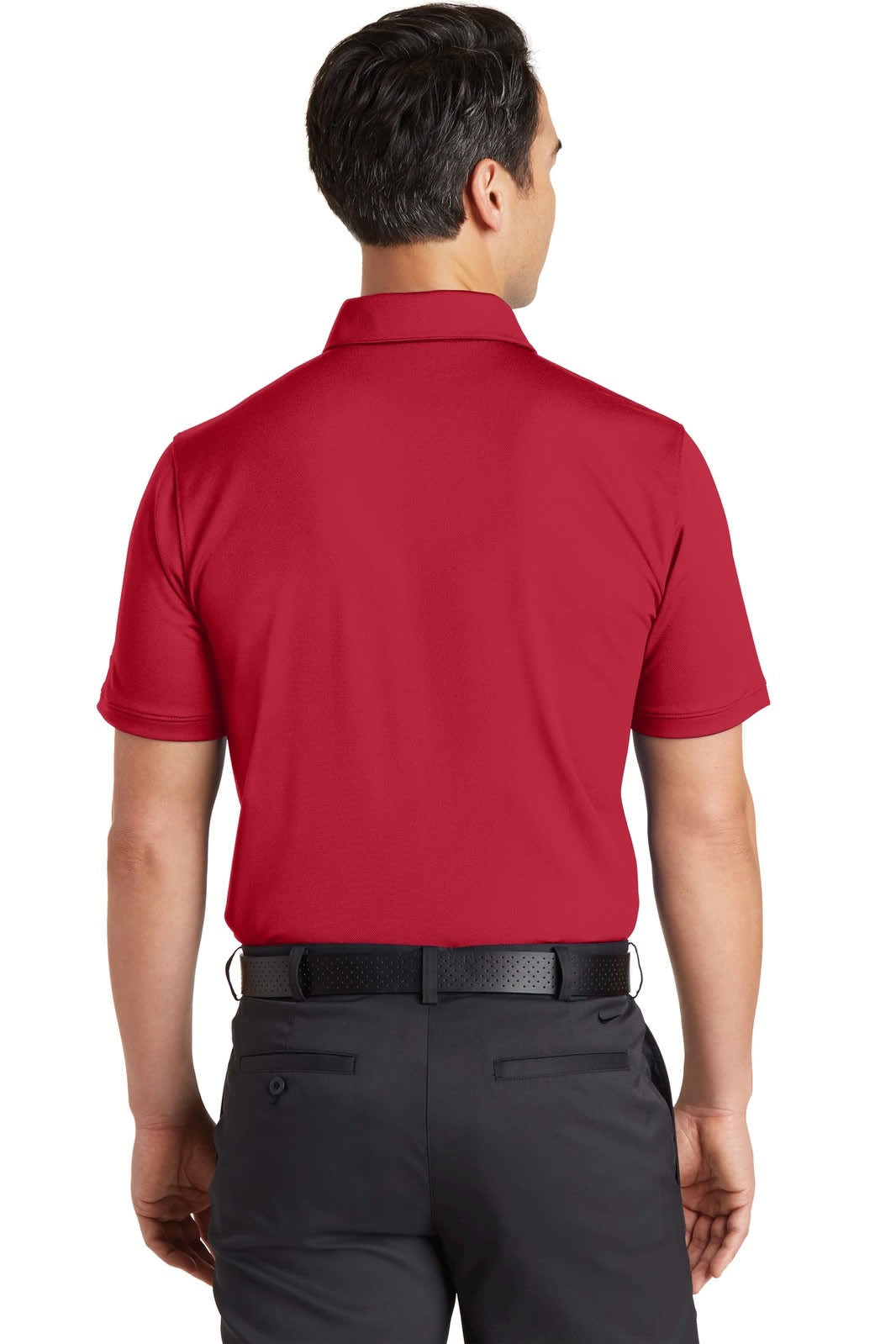 A modern fit polo shirt in red, featuring a collar and short sleeves, with a logo on the back.