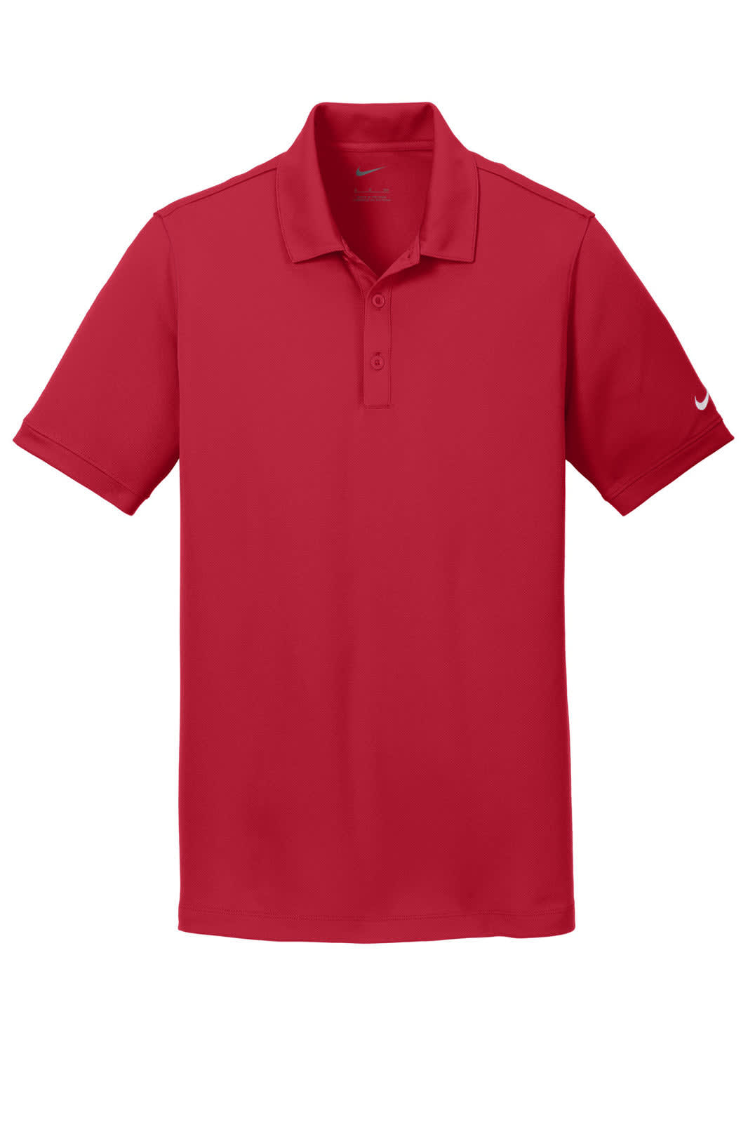 A red Nike Dri-FIT Solid Icon Pique Modern Fit Polo shirt featuring a logo on the sleeve.