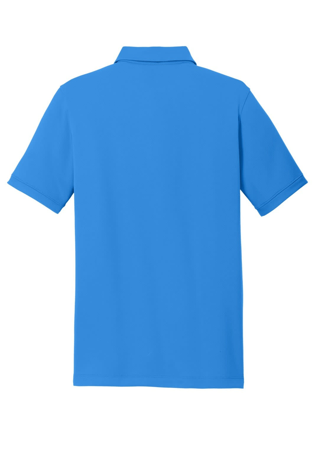 A blue polo shirt with a modern fit and a collar, featuring a logo. The back view is prominently displayed.