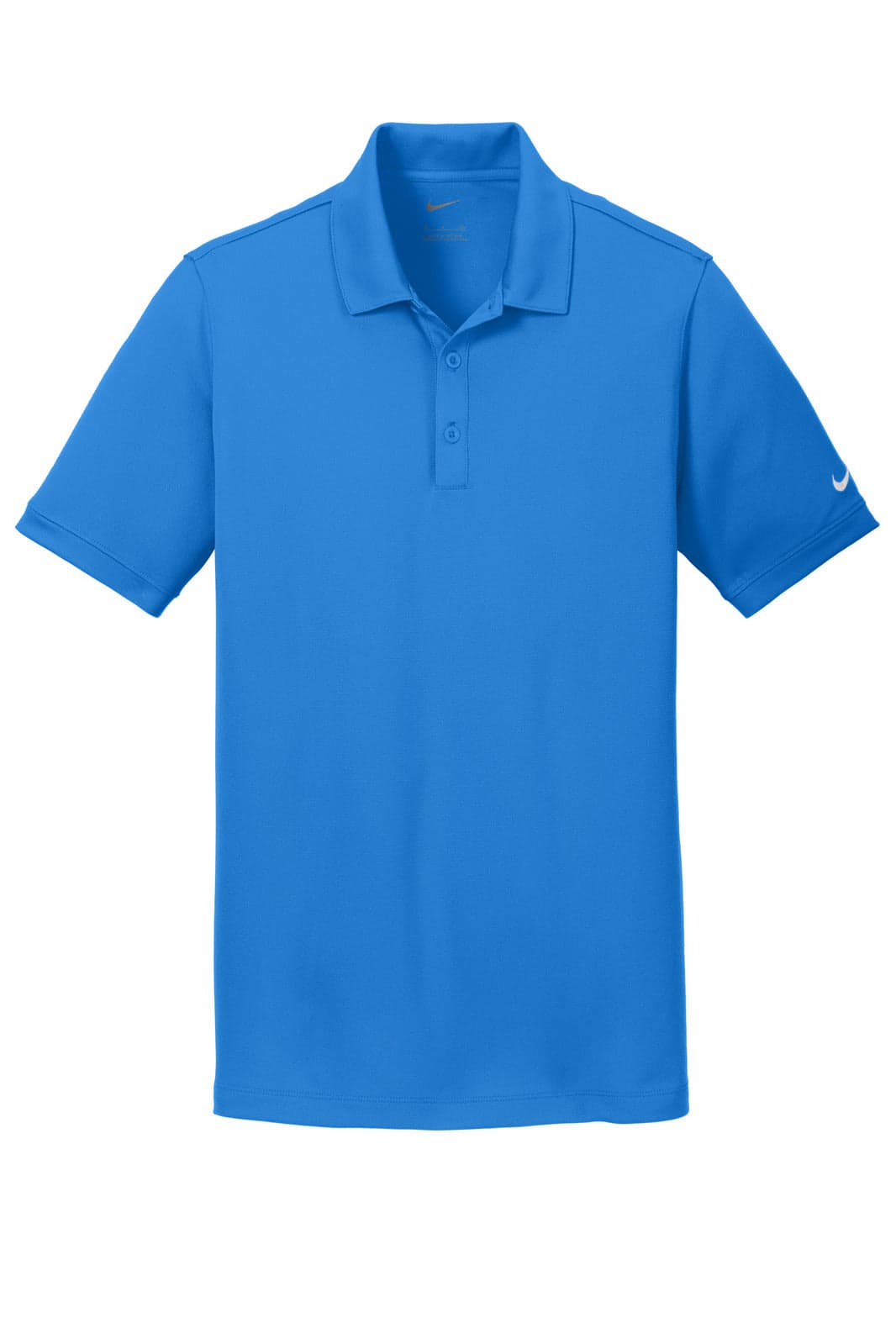 A blue Nike Dri-FIT Solid Icon Pique Modern Fit Polo shirt with a collar and logo on the sleeve.