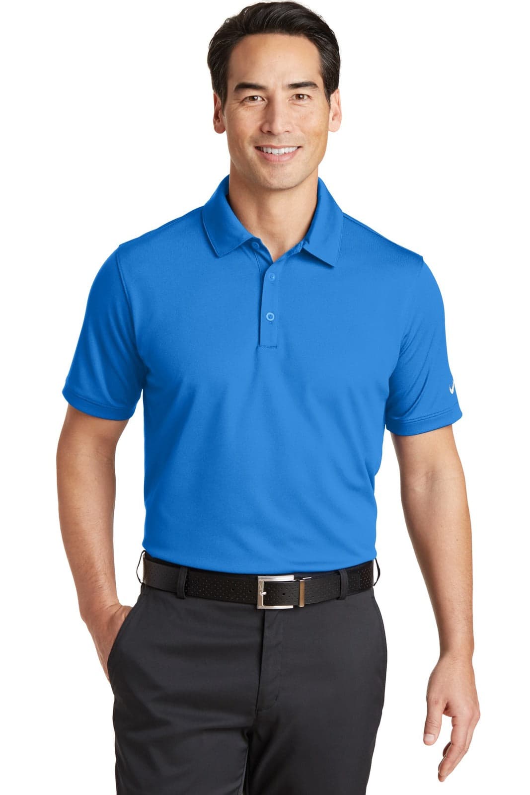A blue polo shirt with short sleeves and a collar, featuring a logo on the sleeve. Suitable for casual wear.