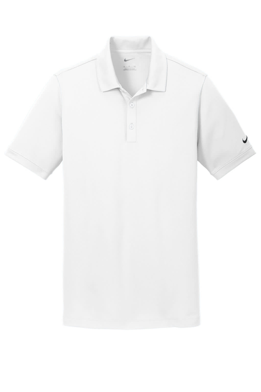 A white Nike Dri-FIT solid icon pique modern fit polo shirt with a logo on the sleeve.