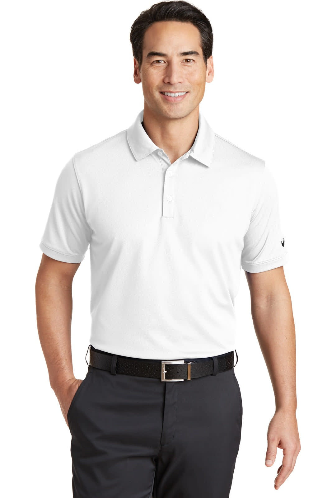 A white polo shirt with a modern fit, featuring a collar and short sleeves, plus a logo on the chest.
