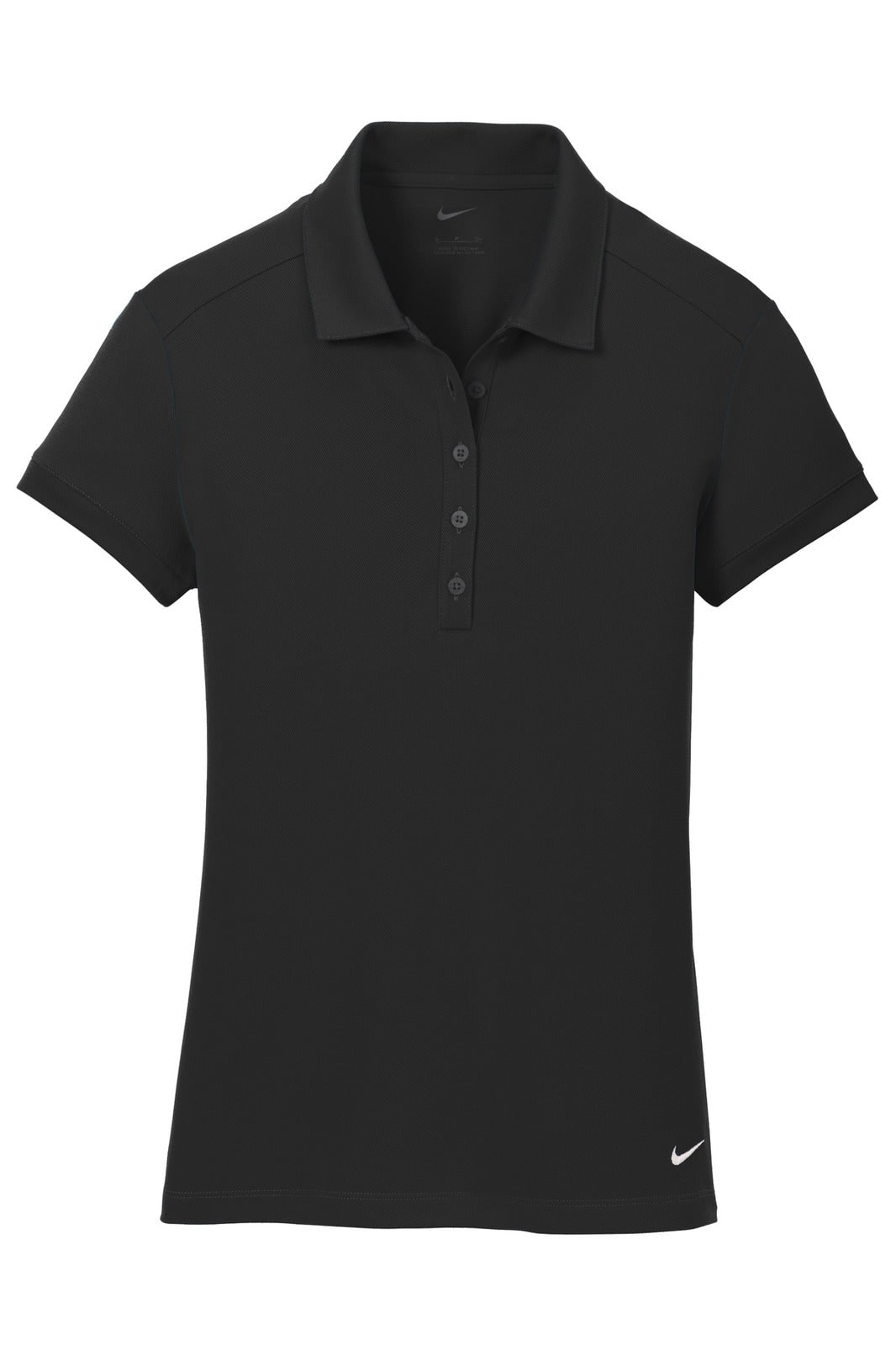 A black Nike ladies' Dri-FIT solid icon pique modern fit polo shirt with a logo.