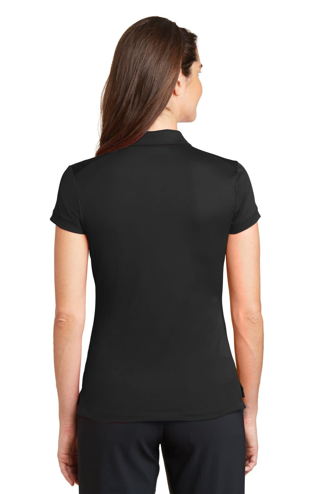 A black polo shirt with a modern fit designed for women, featuring a collar and short sleeves. The back view is displayed.