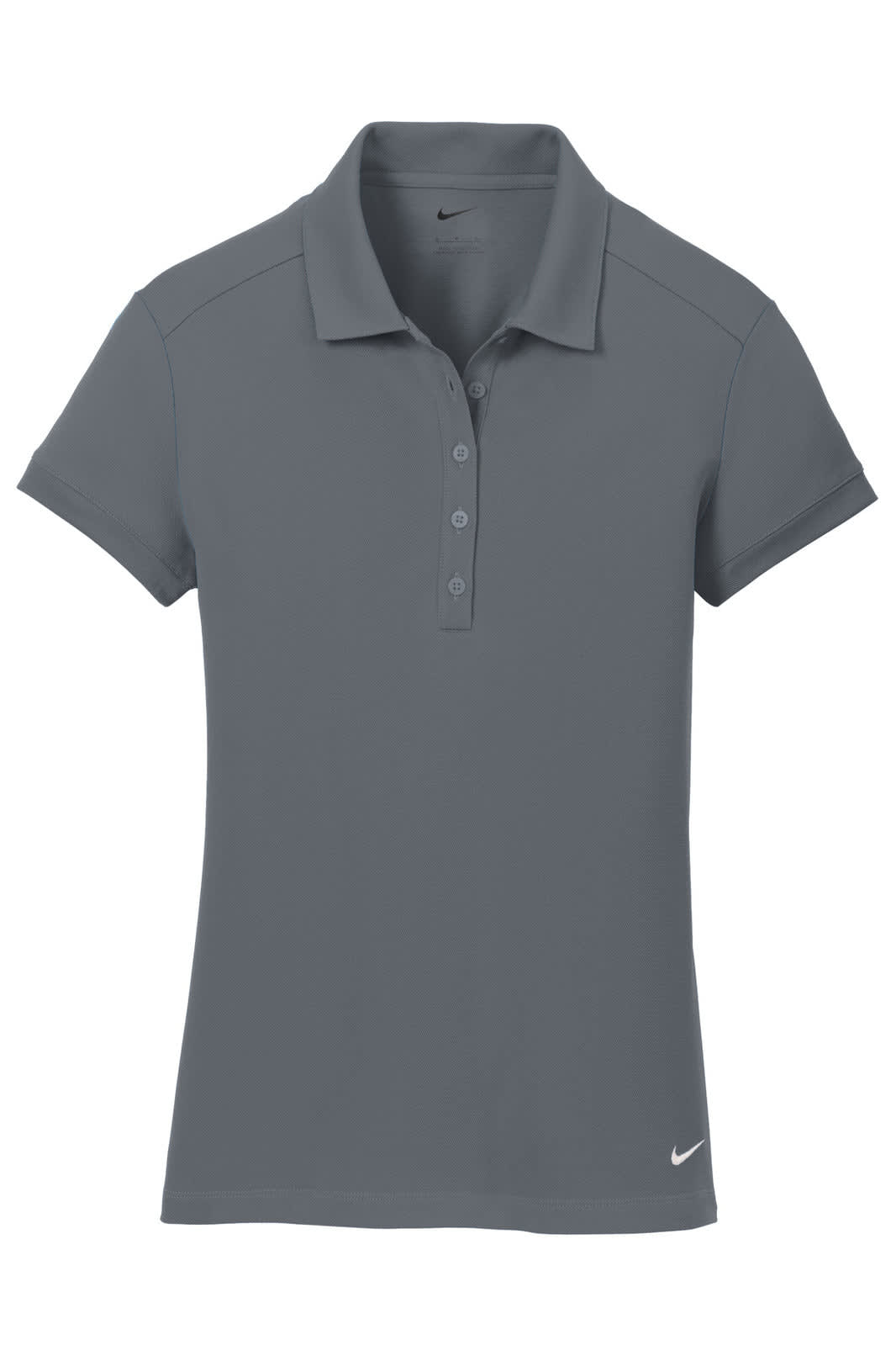 A grey ladies polo shirt with a modern fit and a logo on the side. Short sleeves and a collared neckline are featured.