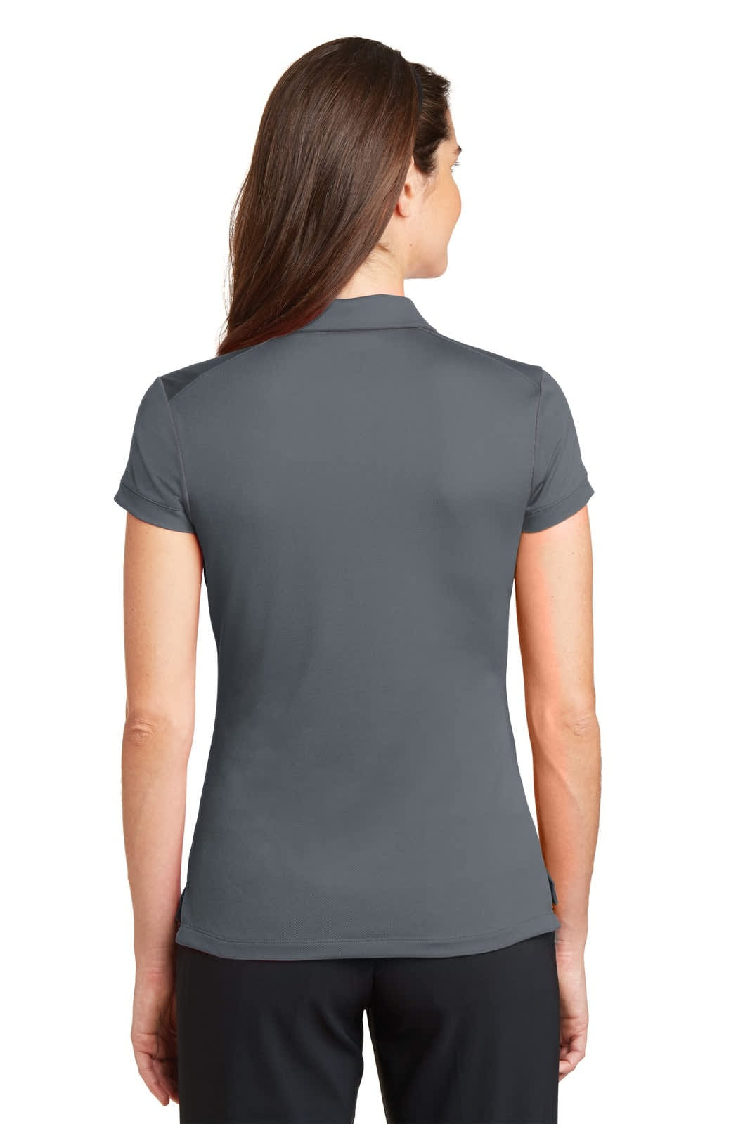 A grey women's polo shirt with a modern fit and short sleeves. The shirt features a logo.