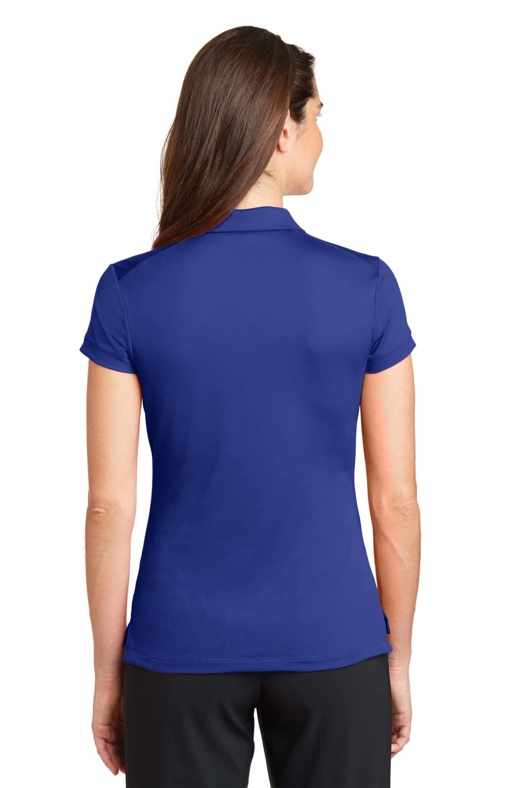 A modern fit women's polo shirt in a vibrant blue colour, featuring a logo on the back and short sleeves.