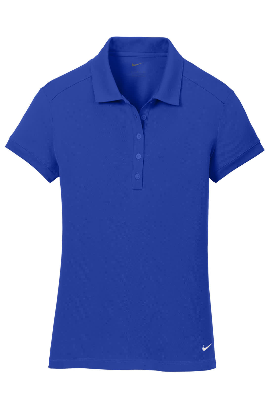 A blue Nike ladies' Dri-FIT solid icon pique modern fit polo shirt featuring a collar and short sleeves.