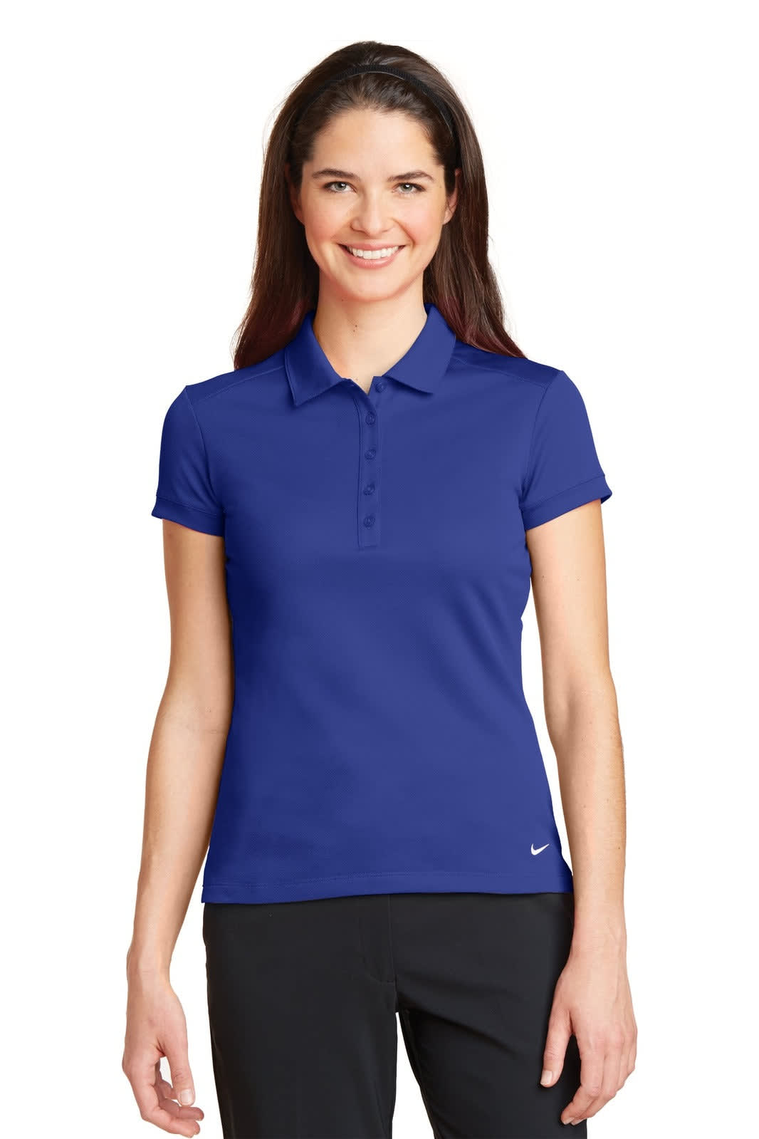 A blue ladies' polo shirt with a modern fit, featuring a collar and short sleeves, has a logo.