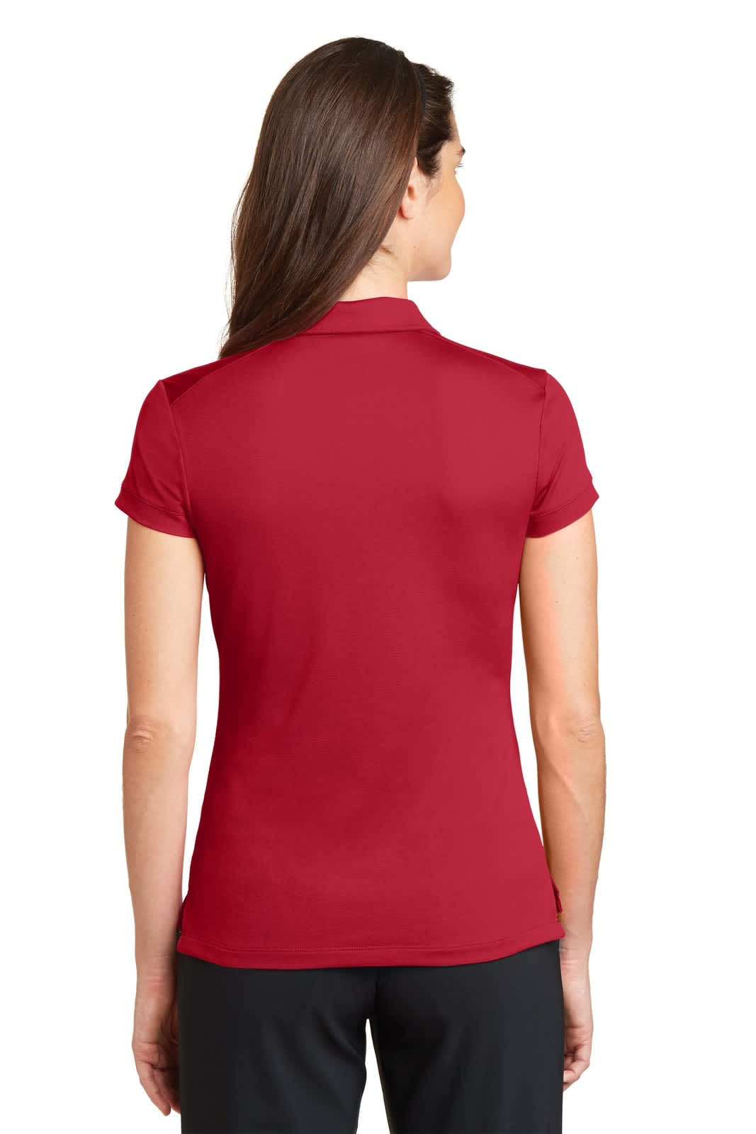 A red women's polo shirt featuring a modern fit and a logo on the back.