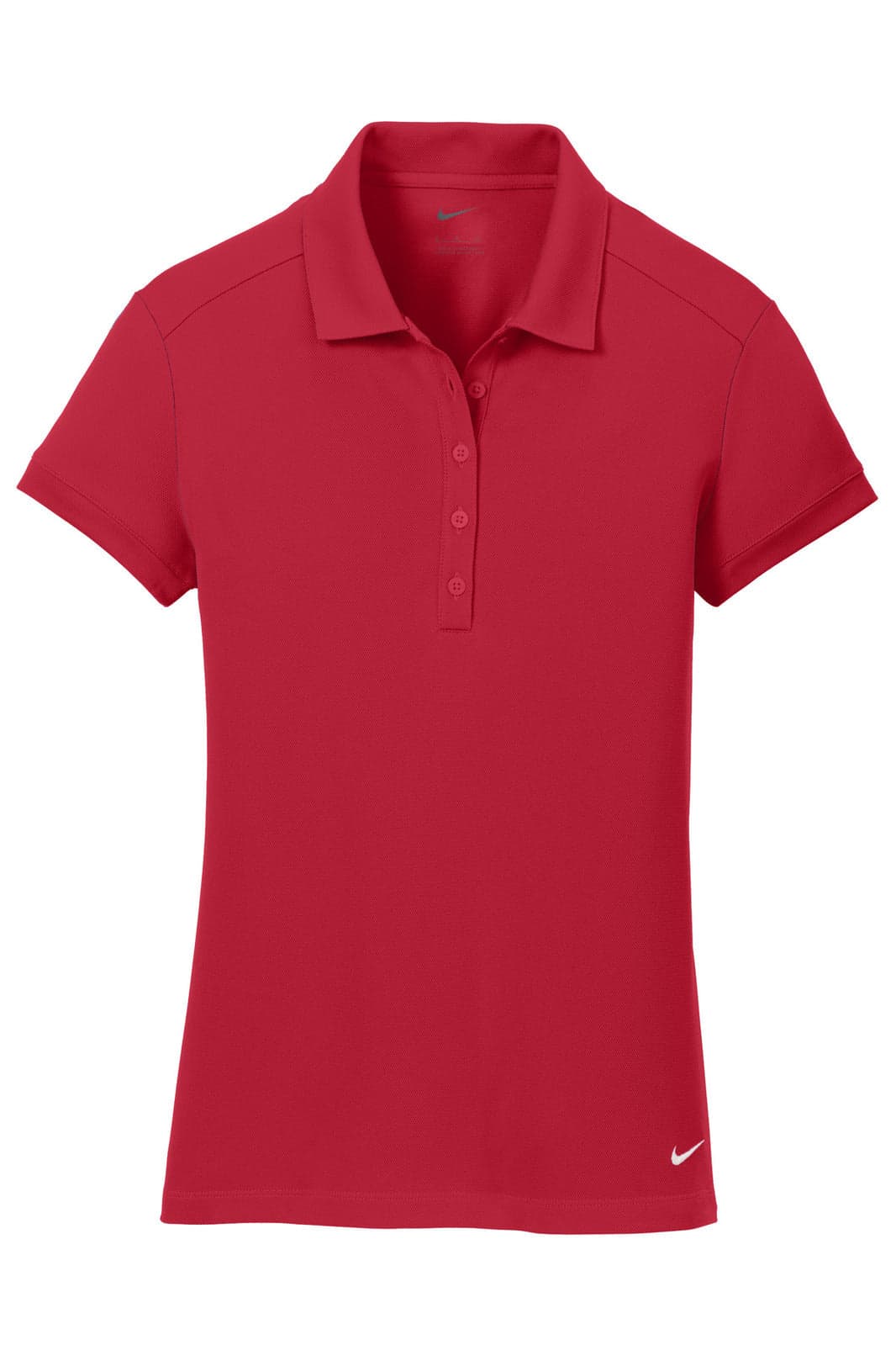 A red Nike ladies' polo shirt featuring a modern fit, short sleeves, and a collar with a logo on the hem.