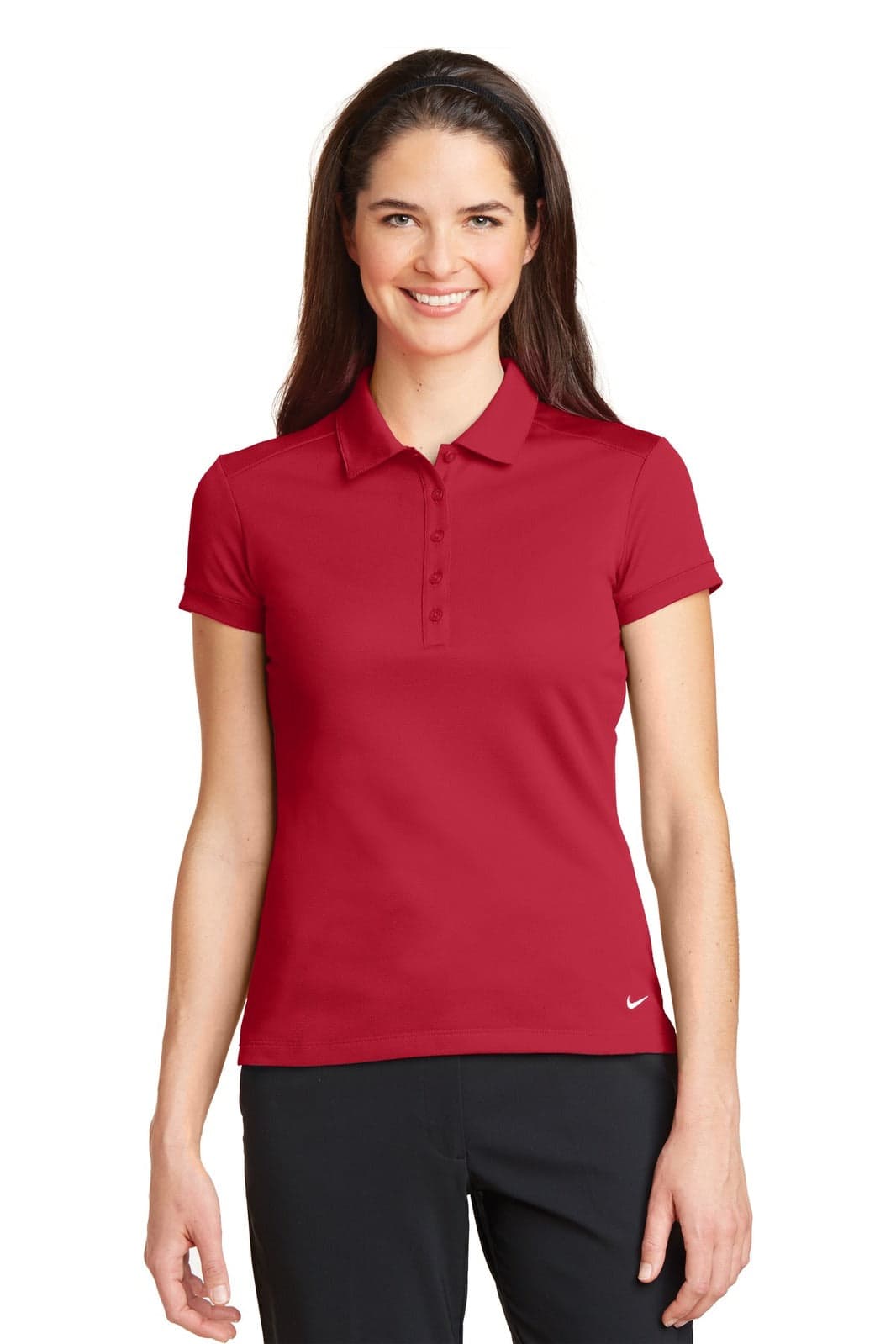 A red ladies' polo shirt featuring a modern fit and a branded logo, showcasing a stylish design.