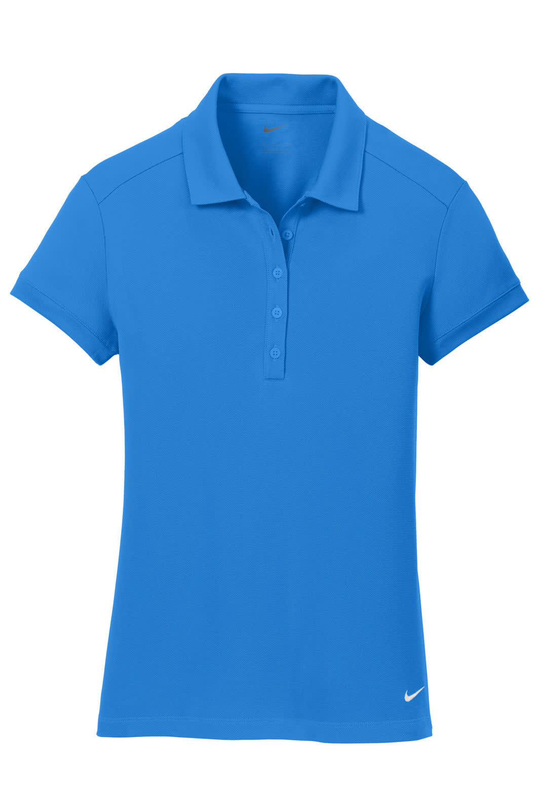 A blue ladies' polo shirt with a modern fit and a branded logo on the front.