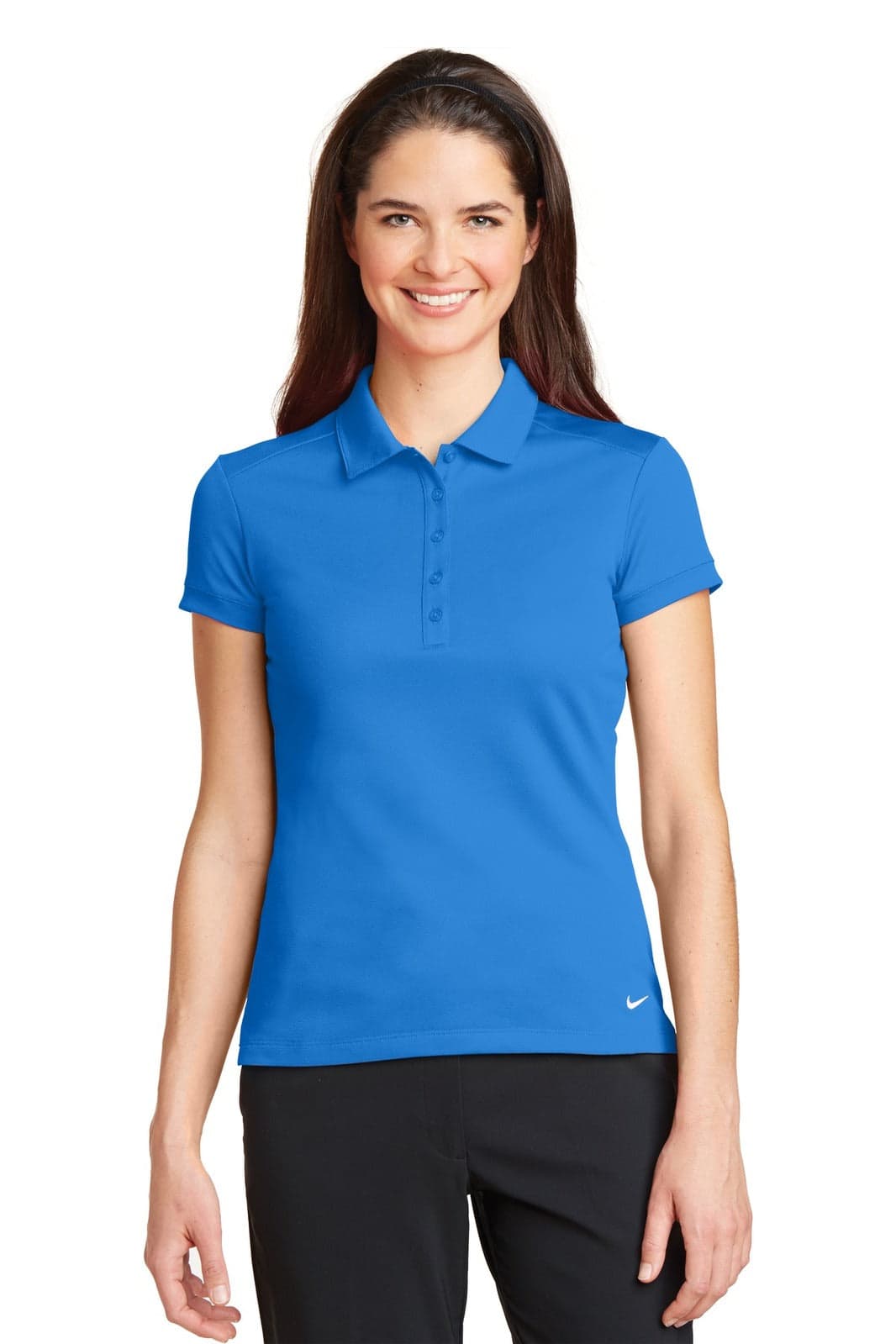 A blue modern fit polo shirt with a collar and a logo, designed for women.