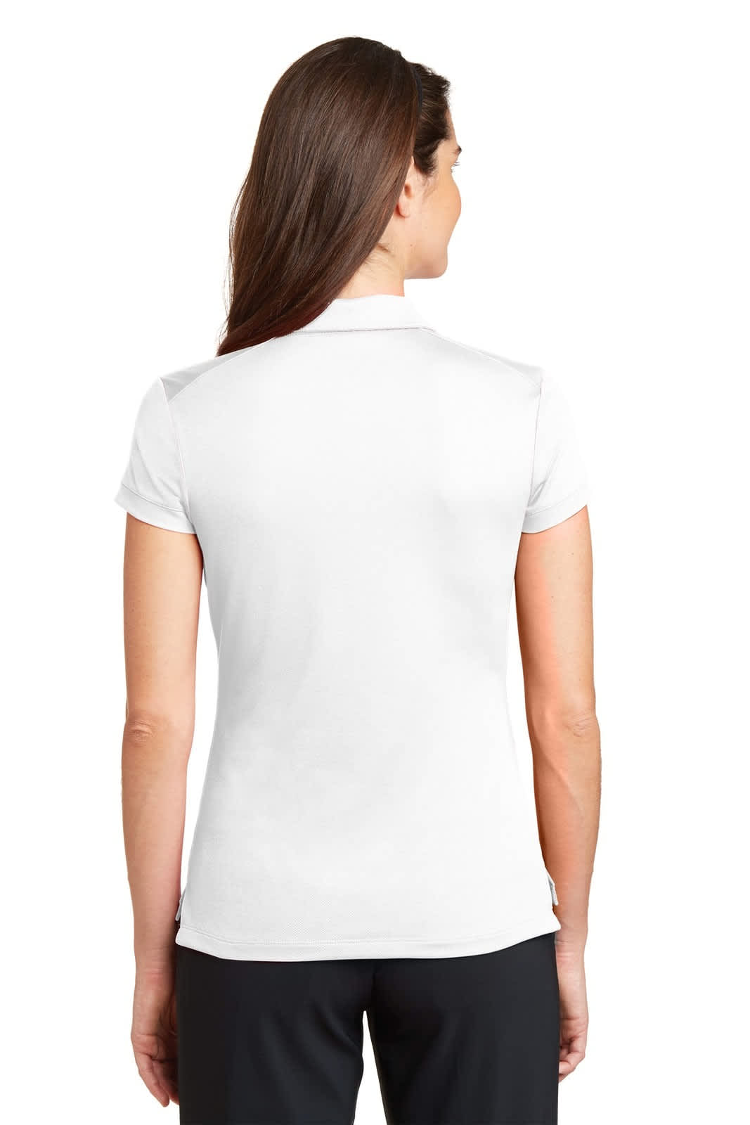 A white ladies' polo shirt in a modern fit, featuring a collar and short sleeves, with a logo on the back.
