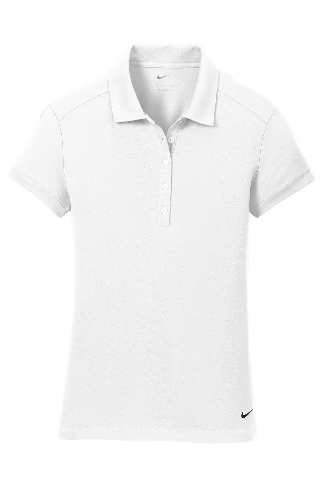 A white polo shirt with a modern fit, featuring a collar and short sleeves, and a small logo on the hem.