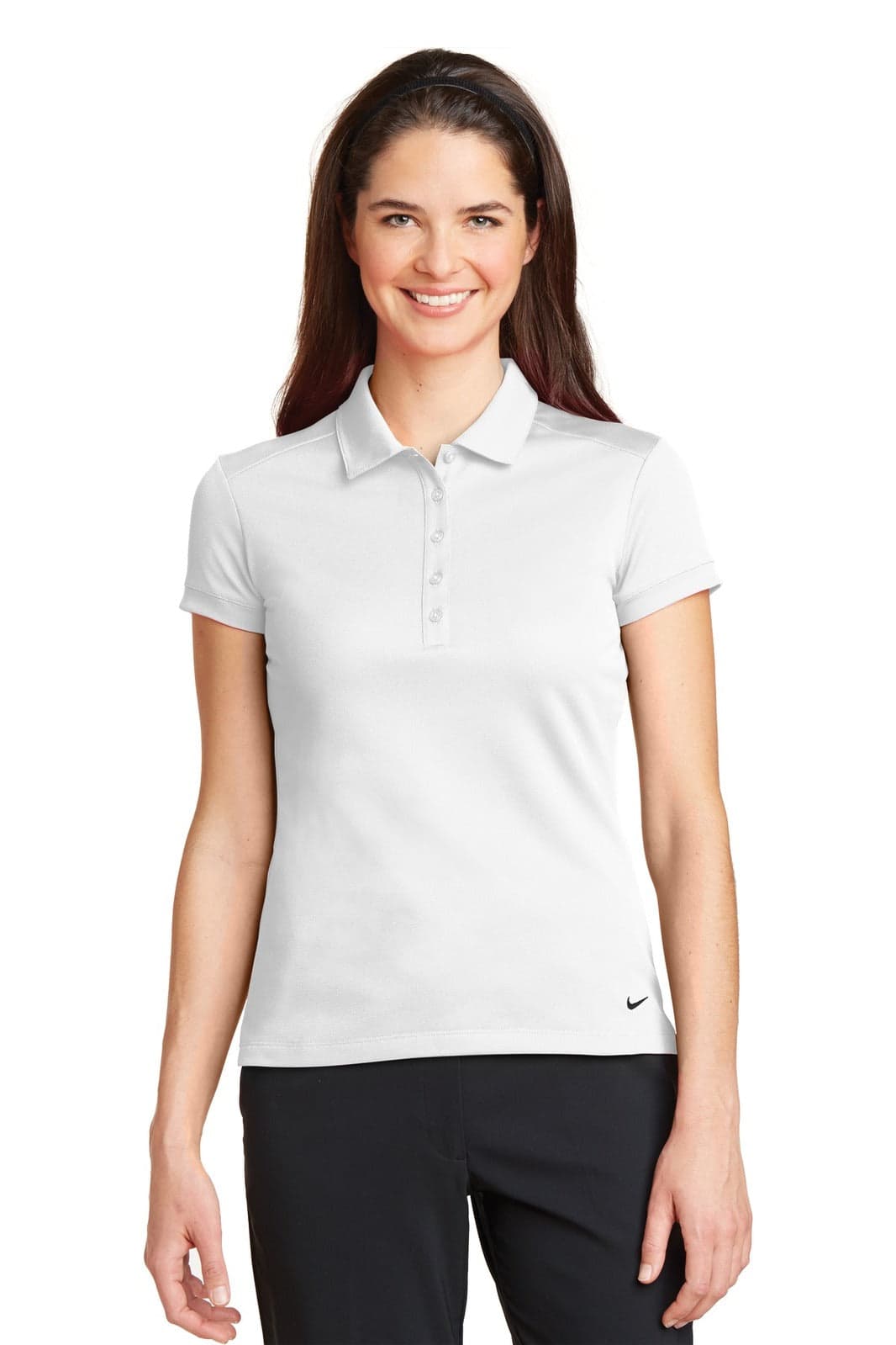 A light grey Nike Dri-FIT polo shirt with a modern fit and a logo, modelled by a woman.
