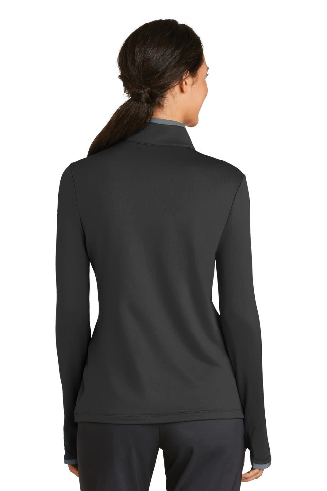 A black Nike Ladies Dri-FIT Stretch 1/2-Zip Cover-Up, featuring a sleek design and a logo.