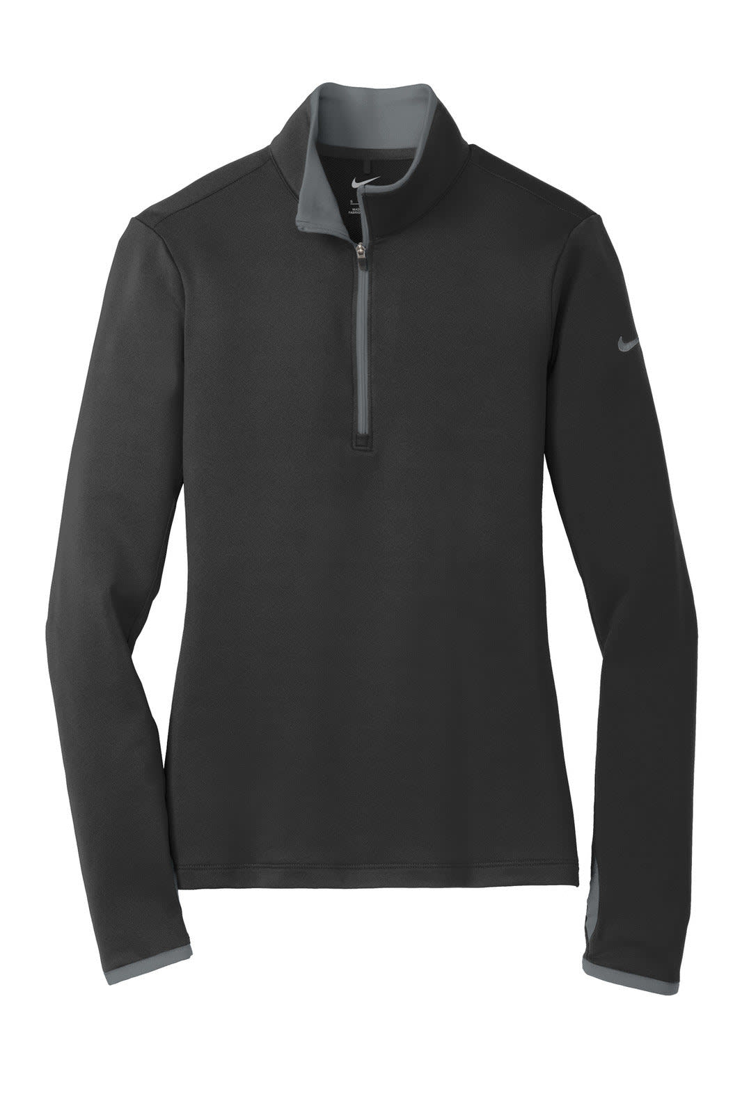 A Nike Ladies Dri-FIT Stretch 1/2-Zip Cover-Up in black with grey accents, featuring a logo on the sleeve.