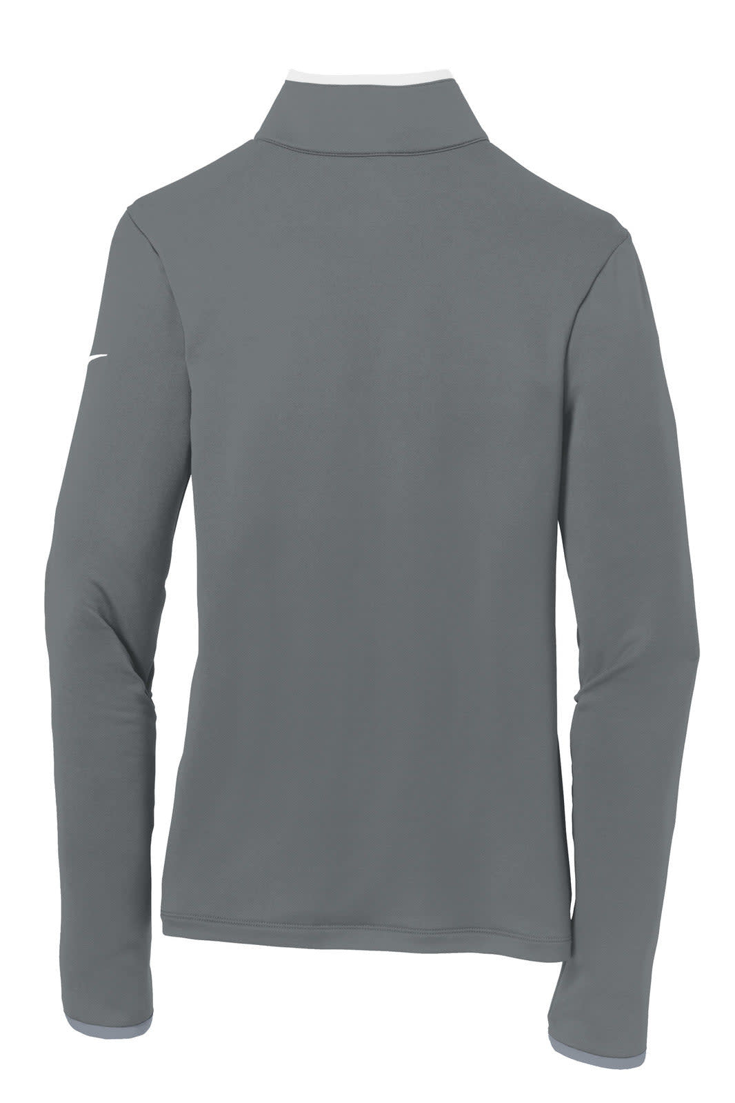 A grey Nike Ladies Dri-FIT Stretch 1/2-Zip Cover-Up with a collar and long sleeves, featuring a logo on the arm.