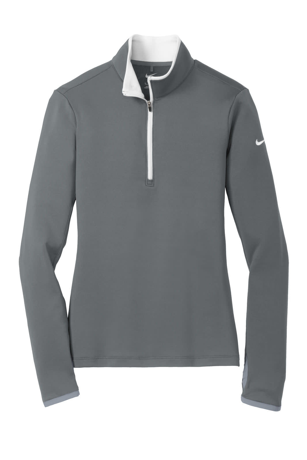 A grey Nike ladies Dri-FIT stretch 1/2-zip cover-up featuring long sleeves and a zippered collar.