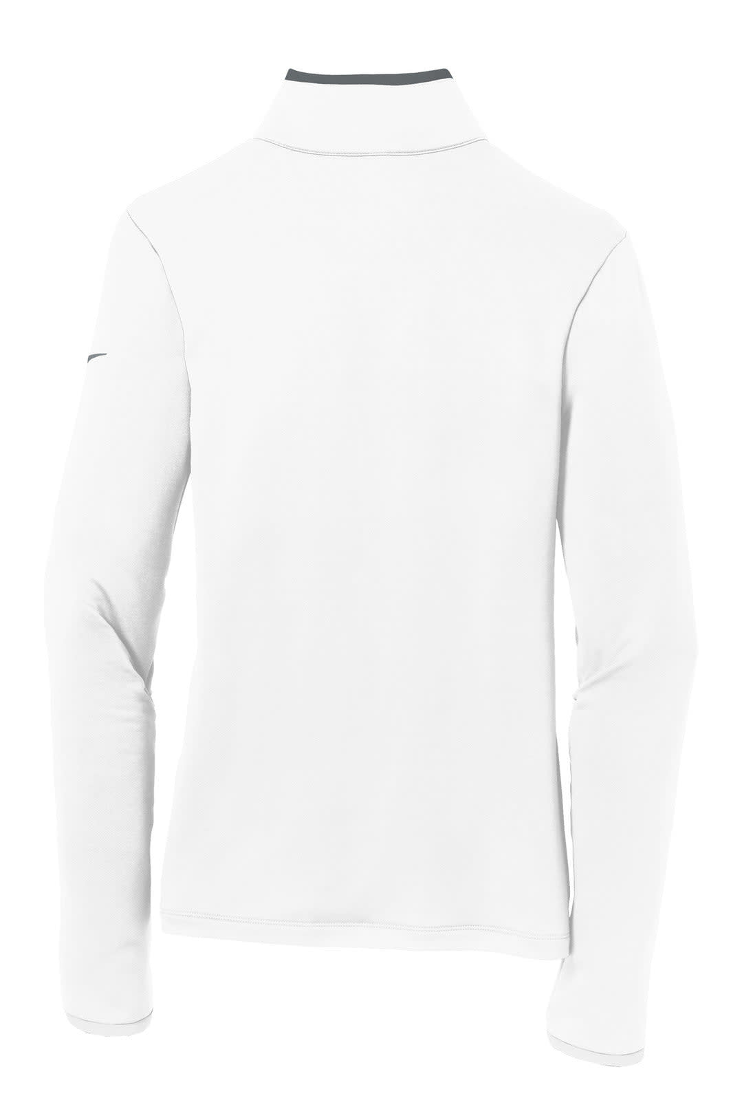 A white Nike ladies' Dri-FIT Stretch 1/2-Zip cover-up features long sleeves and a mock collar, with a logo on the sleeve.