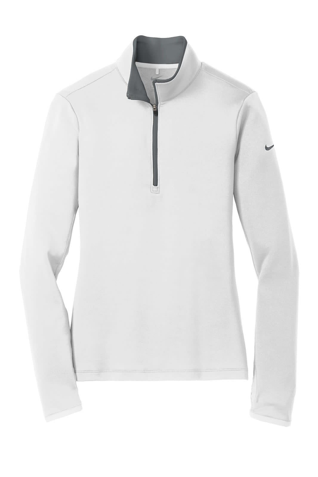 A light grey ladies' 1/2-zip cover-up with long sleeves and a collar, featuring a logo.
