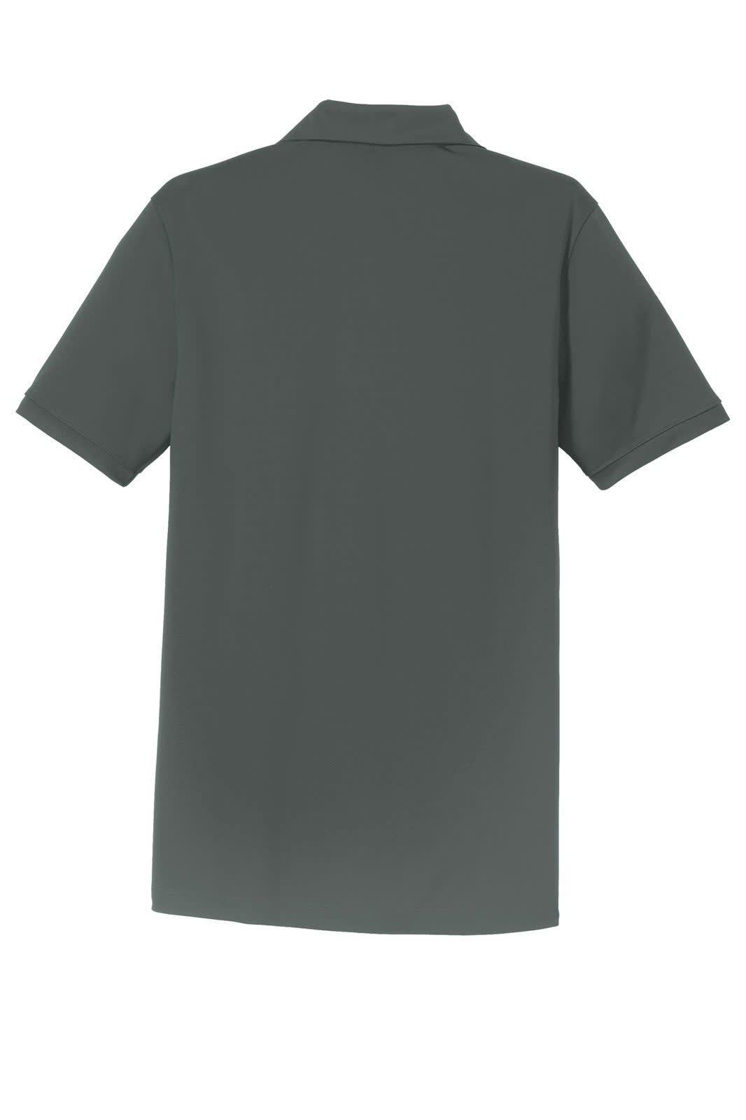 A dark grey polo shirt with a modern fit and short sleeves, featuring a logo on the back.