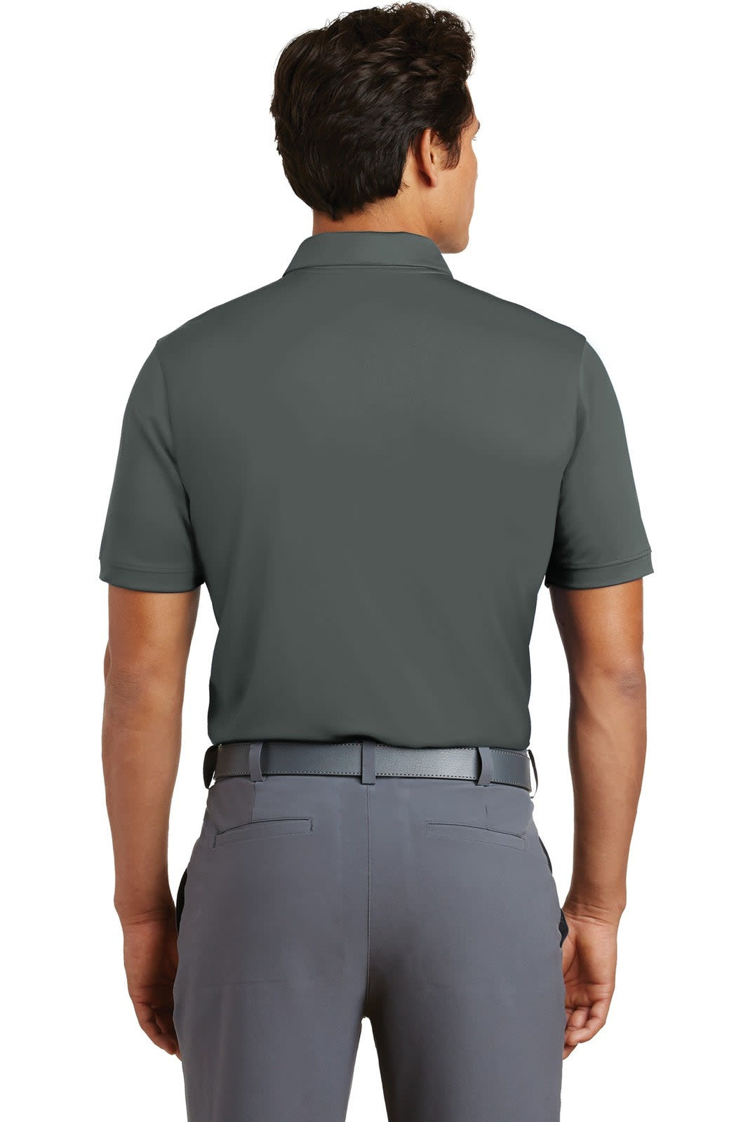 A dark grey polo shirt with a modern fit, seen from the back, paired with grey trousers. Features a brand logo.