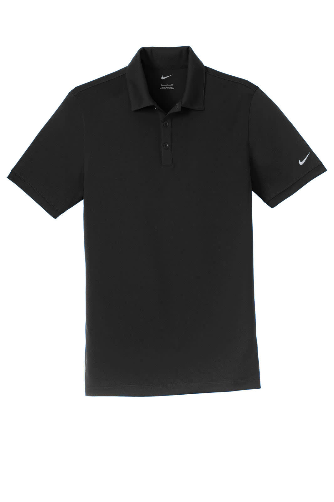 A black polo shirt with a modern fit, featuring a collar, button placket, and a small logo on the sleeve.